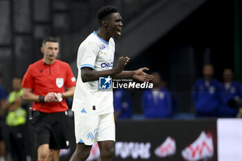 2023-08-16 - Ismaila Sarr of Marseille celebrates scoring his penalty during the penalty shootout of the UEFA Champions League, Third qualifying round, 2nd leg football match between Olympique de Marseille (OM) and Panathinaikos FC (Pana) on August 15, 2023 at Velodrome stadium in Marseille, France - FOOTBALL - CHAMPIONS LEAGUE - MARSEILLE V PANATHINAIKOS - UEFA CHAMPIONS LEAGUE - SOCCER