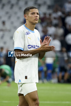 2023-08-16 - Amine Harit of Marseille salutes the supporters following the penalty shootout of the UEFA Champions League, Third qualifying round, 2nd leg football match between Olympique de Marseille (OM) and Panathinaikos FC (Pana) on August 15, 2023 at Velodrome stadium in Marseille, France - FOOTBALL - CHAMPIONS LEAGUE - MARSEILLE V PANATHINAIKOS - UEFA CHAMPIONS LEAGUE - SOCCER