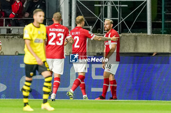 2023-08-22 - Vincent Janssen of Royal Antwerp FC celebrates after scoring his sides first goal during the UEFA Champions League, Play-offs, 1st leg football match between Royal Antwerp FC and AEK Athens on August 22, 2023 at Bosuilstadion in Deurne, Belgium - FOOTBALL - CHAMPIONS LEAGUE - ROYAL ANTWERP V AEK ATHENS - UEFA CHAMPIONS LEAGUE - SOCCER