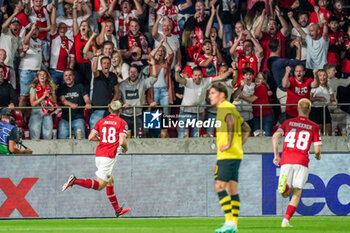 2023-08-22 - Vincent Janssen of Royal Antwerp FC celebrates after scoring his sides first goal during the UEFA Champions League, Play-offs, 1st leg football match between Royal Antwerp FC and AEK Athens on August 22, 2023 at Bosuilstadion in Deurne, Belgium - FOOTBALL - CHAMPIONS LEAGUE - ROYAL ANTWERP V AEK ATHENS - UEFA CHAMPIONS LEAGUE - SOCCER