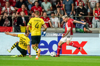 2023-08-22 - Vincent Janssen of Royal Antwerp FC scores the 1-0 during the UEFA Champions League, Play-offs, 1st leg football match between Royal Antwerp FC and AEK Athens on August 22, 2023 at Bosuilstadion in Deurne, Belgium - FOOTBALL - CHAMPIONS LEAGUE - ROYAL ANTWERP V AEK ATHENS - UEFA CHAMPIONS LEAGUE - SOCCER
