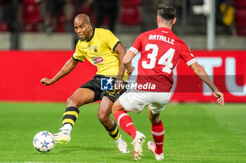 2023-08-22 - Djibril Sidibe of AEK Athens is challenged by Jelle Bataille of Royal Antwerp during the UEFA Champions League, Play-offs, 1st leg football match between Royal Antwerp FC and AEK Athens on August 22, 2023 at Bosuilstadion in Deurne, Belgium - FOOTBALL - CHAMPIONS LEAGUE - ROYAL ANTWERP V AEK ATHENS - UEFA CHAMPIONS LEAGUE - SOCCER