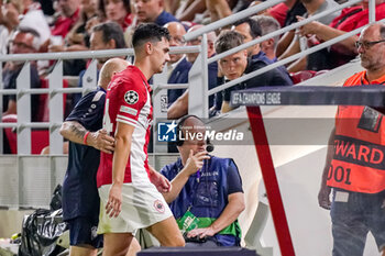 2023-08-22 - Jelle Bataille of Royal Antwerp FC leaving the pitch after a straight red card during the UEFA Champions League, Play-offs, 1st leg football match between Royal Antwerp FC and AEK Athens on August 22, 2023 at Bosuilstadion in Deurne, Belgium - FOOTBALL - CHAMPIONS LEAGUE - ROYAL ANTWERP V AEK ATHENS - UEFA CHAMPIONS LEAGUE - SOCCER