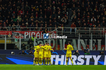 2023-11-28 - Marco Reus of Borussia Dortmund celebrates with his team mates after scoring a goal during UEFA Champions League 2023/24 Group Stage - Group F football match between AC Milan and Borussia Dortmund at San Siro Stadium, Milan, Italy on November 28, 2023 - AC MILAN VS BORUSSIA DORTMUND - UEFA CHAMPIONS LEAGUE - SOCCER
