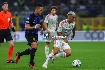 2023-10-03 - Chiquinho of SL Benficaseen in action with Lautaro Martinez of FC Internazionale  during the UEFA Champions League 2023/24 Group Stage - Group D football match between FC Internazionale and SL Benfica at Giuseppe Meazza Stadium, Milan, Italy on October 03, 2023 - INTER - FC INTERNAZIONALE VS SL BENFICA - UEFA CHAMPIONS LEAGUE - SOCCER