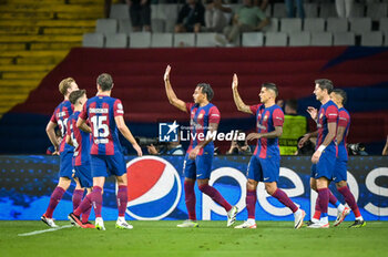 2023-09-19 - Robert Lewandowski (FC Barcelona) celebrates after scoring his team's goal with team mates during a UEFA Champions League first match between FC Barcelona and Royal Antwerp at Estadi Olimpic Lluis Companys, in Barcelona, ,Spain on September 19, 2023. (Photo / Felipe Mondino) - FC BARCELONA - ROYAL ANTWERP - UEFA CHAMPIONS LEAGUE - SOCCER