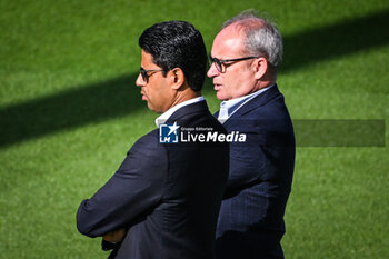 2023-09-18 - Luis CAMPOS of PSG and Nasser AL-KHELAIFI of PSG during the training of the Paris Saint-Germain team ahead UEFA Champions League, Group F football match between Paris Saint Germain and Borussia Dortmund on September 18, 2023 at Campus PSG in Poissy, France - FOOTBALL - PARIS SG V BORUSSIA DORTMUND - TRAINING AND PRESS CONFERENCE - UEFA CHAMPIONS LEAGUE - SOCCER