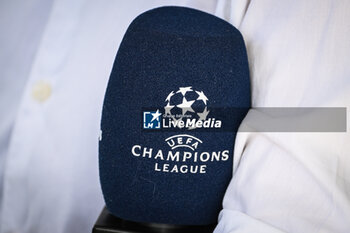 2023-09-18 - Illustration of the microphone with the official UEFA Champions League logo during the training of the Paris Saint-Germain team ahead UEFA Champions League, Group F football match between Paris Saint Germain and Borussia Dortmund on September 18, 2023 at Campus PSG in Poissy, France - FOOTBALL - PARIS SG V BORUSSIA DORTMUND - TRAINING AND PRESS CONFERENCE - UEFA CHAMPIONS LEAGUE - SOCCER