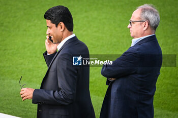 2023-09-18 - Luis CAMPOS of PSG and Nasser AL-KHELAIFI of PSG during the training of the Paris Saint-Germain team ahead UEFA Champions League, Group F football match between Paris Saint Germain and Borussia Dortmund on September 18, 2023 at Campus PSG in Poissy, France - FOOTBALL - PARIS SG V BORUSSIA DORTMUND - TRAINING AND PRESS CONFERENCE - UEFA CHAMPIONS LEAGUE - SOCCER