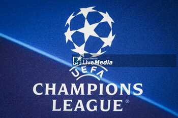 2023-09-18 - Illustration of the official UEFA Champions League logo during the Paris Saint-Germain press conference ahead UEFA Champions League, Group F football match between Paris Saint Germain and Borussia Dortmund on September 18, 2023 at Campus PSG in Poissy, France - FOOTBALL - PARIS SG V BORUSSIA DORTMUND - TRAINING AND PRESS CONFERENCE - UEFA CHAMPIONS LEAGUE - SOCCER
