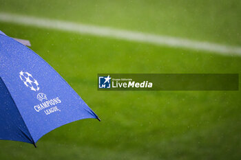 2023-09-18 - Illustration of the official UEFA Champions League logo during the training of the Borussia Dortmund team ahead UEFA Champions League, Group F football match between Paris Saint Germain and Borussia Dortmund on September 18, 2023 at Parc des Princes stadium in Paris, France - FOOTBALL - PARIS SG V BORUSSIA DORTMUND - TRAINING AND PRESS CONFERENCE - UEFA CHAMPIONS LEAGUE - SOCCER