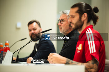 2023-09-19 - Urs Fischer, coach of Union Berlin, and Christopher Trimmel, captain of Union Berlin, during the press conference the day before the football match of Champions League against Real Madrid at Santiago Bernabeu stadium on September 19, 2023 in Madrid, Spain - UNION BERLIN PRESS CONFERENCE BEFORE THE MATCH AGAINST REAL MADRID - UEFA CHAMPIONS LEAGUE - SOCCER