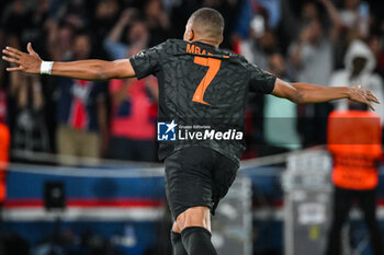 2023-09-19 - Kylian MBAPPE of PSG celebrates his goal during the UEFA Champions League, Group F football match between Paris Saint Germain and Borussia Dortmund on September 19, 2023 at Parc des Princes stadium in Paris, France - FOOTBALL - UEFA CHAMPIONS LEAGUE - PARIS SG V BORUSSIA DORTMUND - UEFA CHAMPIONS LEAGUE - SOCCER