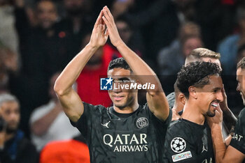 2023-09-19 - Achraf HAKIMI of PSG celebrates his goal during the UEFA Champions League, Group F football match between Paris Saint Germain and Borussia Dortmund on September 19, 2023 at Parc des Princes stadium in Paris, France - FOOTBALL - UEFA CHAMPIONS LEAGUE - PARIS SG V BORUSSIA DORTMUND - UEFA CHAMPIONS LEAGUE - SOCCER