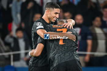 2023-09-19 - Achraf HAKIMI of PSG celebrate his goal with Kylian MBAPPE of PSG during the UEFA Champions League, Group F football match between Paris Saint Germain and Borussia Dortmund on September 19, 2023 at Parc des Princes stadium in Paris, France - FOOTBALL - UEFA CHAMPIONS LEAGUE - PARIS SG V BORUSSIA DORTMUND - UEFA CHAMPIONS LEAGUE - SOCCER