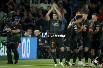 2023-09-19 - Achraf Hakimi of PSG celebrates his goal during the UEFA Champions League, Group F football match between Paris Saint-Germain and Borussia Dortmund on September 19, 2023 at Parc des Princes stadium in Paris, France - FOOTBALL - UEFA CHAMPIONS LEAGUE - PARIS SG V BORUSSIA DORTMUND - - UEFA CHAMPIONS LEAGUE - SOCCER