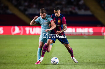 2023-09-19 - Joao Cancelo of Fc Barcelona Arbnor Muja of Royal Antwerp during the UEFA Champions League Group H match played between FC Barcelona and Royal Antwerp FC at Estadi Olimpic Lluis Companys on September 19, 2023 in Barcelona, Spain. Photo Javier Borrego / SpainDPPI / DPPI - FOOTBALL - CHAMPIONS LEAGUE - FC BARCELONA V ROYAL ANTWERP - UEFA CHAMPIONS LEAGUE - SOCCER