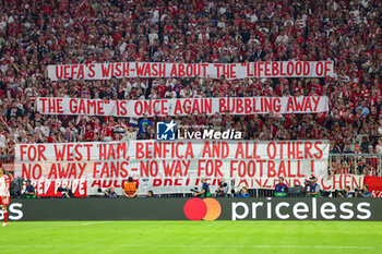 2023-09-20 - A protest banner flown by the Bayern Munich fans during the Champions League match between Bayern Munich and Manchester United at Allianz Arena, Munich, Germany on 20 September 2023. Photo Nigel Keene/ProSportsImages / DPPI - FOOTBALL - CHAMPIONS LEAGUE - BAYERN MUNICH V MANCHESTER UNITED - UEFA CHAMPIONS LEAGUE - SOCCER