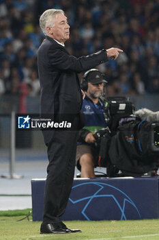 2023-10-03 - Carlo Ancelotti coch of Real Madrid FC gesticulates during the Uefa Champions League between SSC Napoli vs Real Madrid FC at Diego Armando Maradona Stadium - SSC NAPOLI VS REAL MADRID FC - UEFA CHAMPIONS LEAGUE - SOCCER