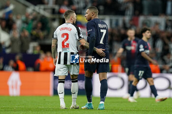 2023-10-04 - Newcastle United defender Kieran Trippier (2) and Paris Saint-Germain forward Kylian Mbappe (7) after the UEFA Champions League, Group F football match between Newcastle United and Paris Saint-Germain on October 4, 2023 at St James' Park in Newcastle, England - FOOTBALL - CHAMPIONS LEAGUE - NEWCASTLE V PARIS SG - UEFA CHAMPIONS LEAGUE - SOCCER