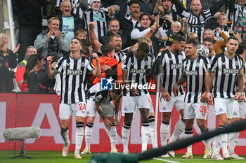 2023-10-04 - Newcastle United midfielder Miguel Almiron (24) celebrates his goal 1-0 during the UEFA Champions League, Group F football match between Newcastle United and Paris Saint-Germain on October 4, 2023 at St James' Park in Newcastle, England - FOOTBALL - CHAMPIONS LEAGUE - NEWCASTLE V PARIS SG - UEFA CHAMPIONS LEAGUE - SOCCER
