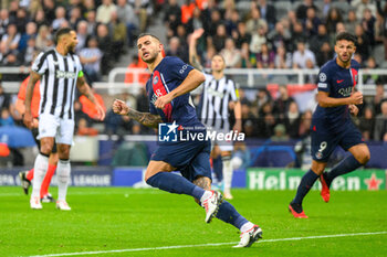 2023-10-04 - Lucas Hernandez of PSG scores a goal 3-1 and celebrates during the UEFA Champions League, Group F football match between Newcastle United and Paris Saint-Germain on October 4, 2023 at St James' Park in Newcastle, England - FOOTBALL - CHAMPIONS LEAGUE - NEWCASTLE V PARIS SG - UEFA CHAMPIONS LEAGUE - SOCCER