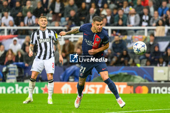 2023-10-04 - Lucas Hernandez of PSG scores a goal 3-1 during the UEFA Champions League, Group F football match between Newcastle United and Paris Saint-Germain on October 4, 2023 at St James' Park in Newcastle, England - FOOTBALL - CHAMPIONS LEAGUE - NEWCASTLE V PARIS SG - UEFA CHAMPIONS LEAGUE - SOCCER