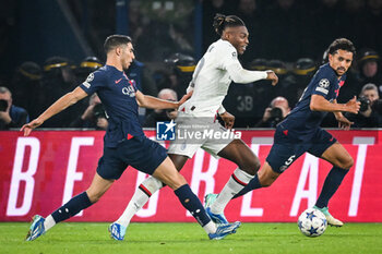 2023-10-25 - Achraf HAKIMI of PSG, Rafael LEAO of AC Milan and MARQUINHOS of PSG during the UEFA Champions League, Group F football match between Paris Saint-Germain and AC Milan on October 25, 2023 at Parc des Princes stadium in Paris, France - FOOTBALL - CHAMPIONS LEAGUE - PARIS SG V MILAN - UEFA CHAMPIONS LEAGUE - SOCCER