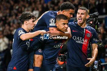 2023-10-25 - Kylian MBAPPE of PSG celebrate his goal with Vitor MACHADO FERREIRA (Vitinha) of PSG, Warren ZAIRE-EMERY of PSG and Lucas HERNANDEZ of PSG during the UEFA Champions League, Group F football match between Paris Saint-Germain and AC Milan on October 25, 2023 at Parc des Princes stadium in Paris, France - FOOTBALL - CHAMPIONS LEAGUE - PARIS SG V MILAN - UEFA CHAMPIONS LEAGUE - SOCCER