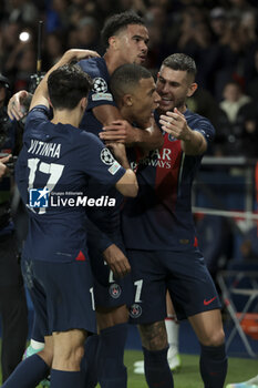 2023-10-25 - Kylian Mbappe of PSG celebrates his goal with Warren Zaire-Emery, Lucas Hernandez of PSG during the UEFA Champions League, Group F football match between Paris Saint-Germain and AC Milan on October 25, 2023 at Parc des Princes stadium in Paris, France - FOOTBALL - CHAMPIONS LEAGUE - PARIS SG V MILAN - UEFA CHAMPIONS LEAGUE - SOCCER