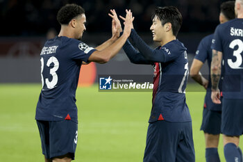 2023-10-25 - Lee Kang-in of PSG celebrates his goal with Warren Zaire-Emery (left) during the UEFA Champions League, Group F football match between Paris Saint-Germain and AC Milan on October 25, 2023 at Parc des Princes stadium in Paris, France - FOOTBALL - CHAMPIONS LEAGUE - PARIS SG V MILAN - UEFA CHAMPIONS LEAGUE - SOCCER