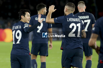 2023-10-25 - Lee Kang-in of PSG celebrates his goal with Lucas Hernandez during the UEFA Champions League, Group F football match between Paris Saint-Germain and AC Milan on October 25, 2023 at Parc des Princes stadium in Paris, France - FOOTBALL - CHAMPIONS LEAGUE - PARIS SG V MILAN - UEFA CHAMPIONS LEAGUE - SOCCER