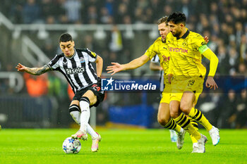 2023-10-25 - Miguel Almiron of Newcastle and Niclas Fullkrug, Emre Can of Borussia Dortmund during the UEFA Champions League, Group F football match between Newcastle United and Borussia Dortmund on 25 October 2023 at St. James' Park in Newcastle, England - FOOTBALL - CHAMPIONS LEAGUE - NEWCASTLE V DORTMUND - UEFA CHAMPIONS LEAGUE - SOCCER