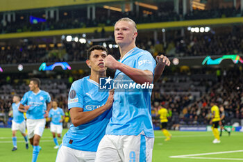 2023-10-26 - Erling Haaland (9) of Manchester City scores from the penalty spot and celebrates 1-2 during the UEFA Champions League, Group G football match between BSC Young Boys and Manchester City on 25 October 2023 at Stade de Suisse in Bern, Switzerland - FOOTBALL - CHAMPIONS LEAGUE - YOUNG BOYS V MANCHESTER CITY - UEFA CHAMPIONS LEAGUE - SOCCER