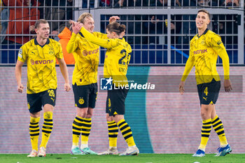 2023-11-07 - Julian Brandt of Borussia Dortmund celebrates after scoring the team's second goal with Julian Ryerson, Marcel Sabitzer and Nico Schlotterbeck during the UEFA Champions League, Group F football match between Borussia Dortmund and Newcastle United on November 7, 2023 at Signal Iduna Park in Dortmund, Germany - FOOTBALL - CHAMPIONS LEAGUE - DORTMUND V NEWCASTLE - UEFA CHAMPIONS LEAGUE - SOCCER