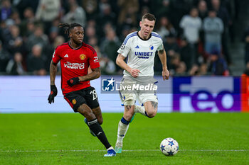 2023-11-08 - Aaron Wan-Bissaka (29) of Manchester United and Lukas Lerager of Copenhagen during the UEFA Champions League, Group A football match between FC Copenhagen and Manchester United on 8 November 2023 at Parken Stadium in Copenhagen, Denmark - FOOTBALL - CHAMPIONS LEAGUE - COPENHAGEN V MANCHESTER UNITED - UEFA CHAMPIONS LEAGUE - SOCCER