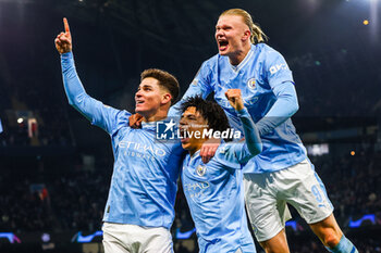 2023-11-28 - Julian Alvarez of Manchester City celebrates his goal 3-2 with Erling Haaland and Rico Lewis during the UEFA Champions League, Group G football match between Manchester City and RB Leipzig on 28 November 2023 at Etihad Stadium in Manchester, England - FOOTBALL - CHAMPIONS LEAGUE - MANCHESTER CITY V RB LEIPZIG - UEFA CHAMPIONS LEAGUE - SOCCER