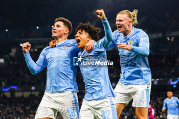2023-11-28 - Julian Alvarez of Manchester City celebrates his goal 3-2 with Erling Haaland and Rico Lewis during the UEFA Champions League, Group G football match between Manchester City and RB Leipzig on 28 November 2023 at Etihad Stadium in Manchester, England - FOOTBALL - CHAMPIONS LEAGUE - MANCHESTER CITY V RB LEIPZIG - UEFA CHAMPIONS LEAGUE - SOCCER