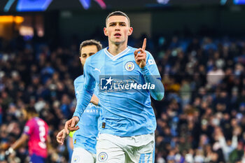 2023-11-28 - Phil Foden of Manchester City celebrates his goal 2-2 during the UEFA Champions League, Group G football match between Manchester City and RB Leipzig on 28 November 2023 at Etihad Stadium in Manchester, England - FOOTBALL - CHAMPIONS LEAGUE - MANCHESTER CITY V RB LEIPZIG - UEFA CHAMPIONS LEAGUE - SOCCER
