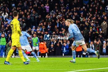 2023-11-28 - Erling Haaland of Manchester City celebrates his goal 1-2 during the UEFA Champions League, Group G football match between Manchester City and RB Leipzig on 28 November 2023 at Etihad Stadium in Manchester, England - FOOTBALL - CHAMPIONS LEAGUE - MANCHESTER CITY V RB LEIPZIG - UEFA CHAMPIONS LEAGUE - SOCCER
