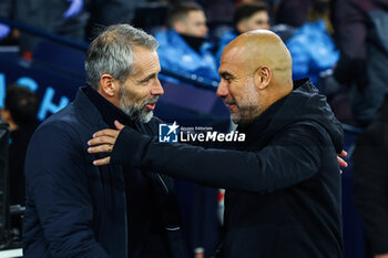 2023-11-28 - Manchester City Manager Pep Guardiola and RB Leipzig coach Marco Rose embrace before kick off during the UEFA Champions League, Group G football match between Manchester City and RB Leipzig on 28 November 2023 at Etihad Stadium in Manchester, England - FOOTBALL - CHAMPIONS LEAGUE - MANCHESTER CITY V RB LEIPZIG - UEFA CHAMPIONS LEAGUE - SOCCER