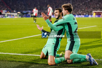 2023-11-28 - Mario Hermoso of Atletico Madrid celebrates his goal 0-2 with Rodrigo Riquelme during the UEFA Champions League, Group E football match between Feyenoord and Atletico Madrid on November 28, 2023 at Stadion Feijenoord "De Kuip" in Rotterdam, Netherlands - FOOTBALL - CHAMPIONS LEAGUE - FEYENOORD V ATLETICO MADRID - UEFA CHAMPIONS LEAGUE - SOCCER