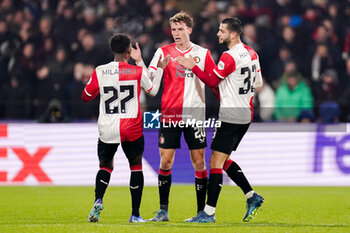 2023-11-28 - Mats Wieffer of Feyenoord celebrates his goal 1-2 with Antoni Milambo, David Hancko during the UEFA Champions League, Group E football match between Feyenoord and Atletico Madrid on November 28, 2023 at Stadion Feijenoord "De Kuip" in Rotterdam, Netherlands - FOOTBALL - CHAMPIONS LEAGUE - FEYENOORD V ATLETICO MADRID - UEFA CHAMPIONS LEAGUE - SOCCER