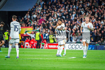2023-11-29 - Rodrygo Silva de Goes of Real Madrid seen celebrating his goal during the Champions League football match between Real Madrid and Napoli at Bernabeu Stadium in Madrid, Spain. - REAL MADRID VS NAPOLI - UEFA CHAMPIONS LEAGUE - SOCCER