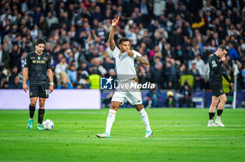 2023-11-29 - Rodrygo Silva de Goes of Real Madrid seen celebrating his goal during the Champions League football match between Real Madrid and Napoli at Bernabeu Stadium in Madrid, Spain. - REAL MADRID VS NAPOLI - UEFA CHAMPIONS LEAGUE - SOCCER
