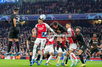2023-11-29 - Arsenal defender Ben White (4) and Adrien Thomasson (28), Neil El Aynaoui (23) of RC Lens during the UEFA Champions League, Group B football match between Arsenal and RC Lens on 29 November 2023 at the Emirates Stadium in London, England - FOOTBALL - CHAMPIONS LEAGUE - ARSENAL V LENS - UEFA CHAMPIONS LEAGUE - SOCCER