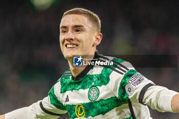 2023-12-13 - Gustaf Lagerbielke of Celtic FC celebrates his goal 2-1 during the UEFA Champions League, Group E football match between Celtic FC and Feyenoord on December 13, 2023 at Celtic Park in Glasgow, Scotland - FOOTBALL - CHAMPIONS LEAGUE - CELTIC V FEYENOORD - UEFA CHAMPIONS LEAGUE - SOCCER