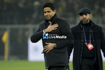 2023-12-14 - PSG President Nasser Al Khelaifi salutes the supporters following the UEFA Champions League, Group F football match between Borussia Dortmund and Paris Saint-Germain on December 13, 2023 at Signal Iduna Park in Dortmund, Germany - FOOTBALL - CHAMPIONS LEAGUE - DORTMUND V PARIS SG - UEFA CHAMPIONS LEAGUE - SOCCER