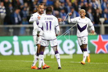 2023-04-13 - Jonathan Ikone of Fiorentina celebrates his goal during the UEFA Europa Conference League, Quarter-finals, 1st leg football match between KKS Lech Poznan and ACF Fiorentina on April 13, 2023 at INEA Stadion in Poznan, Poland - FOOTBALL - CONFERENCE LEAGUE - LECH POZNAN V FIORENTINA - UEFA CONFERENCE LEAGUE - SOCCER