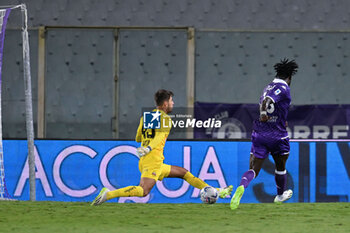 2023-08-31 - SK Rapid Wien's Austrian goalkeeper Niklas Hedl saves on ACF Fiorentina's Angolan forward M'Bala Nzola - ACF FIORENTINA VS SK RAPID WIEN - UEFA CONFERENCE LEAGUE - SOCCER